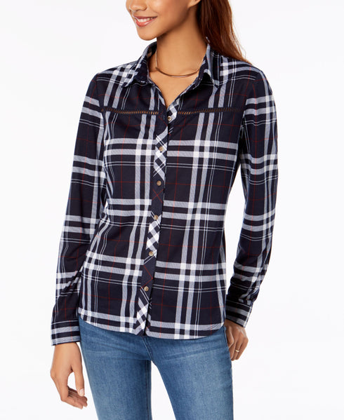 Polly Esther Juniors Lattice Trim Plaid Button Up Shirt